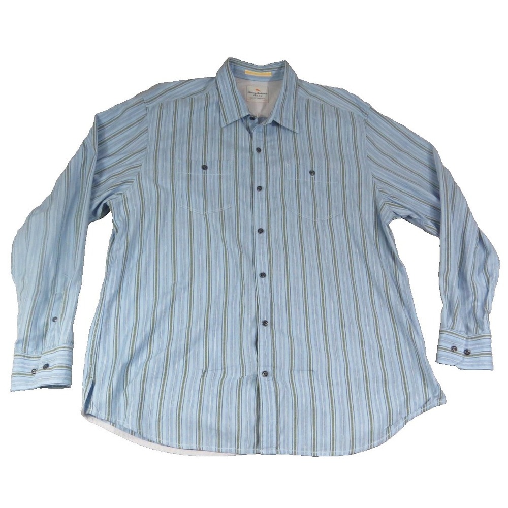Tommy Bahama Jeans Island Crafted Mens L Blue Stripe Cotton Button Up Shirt